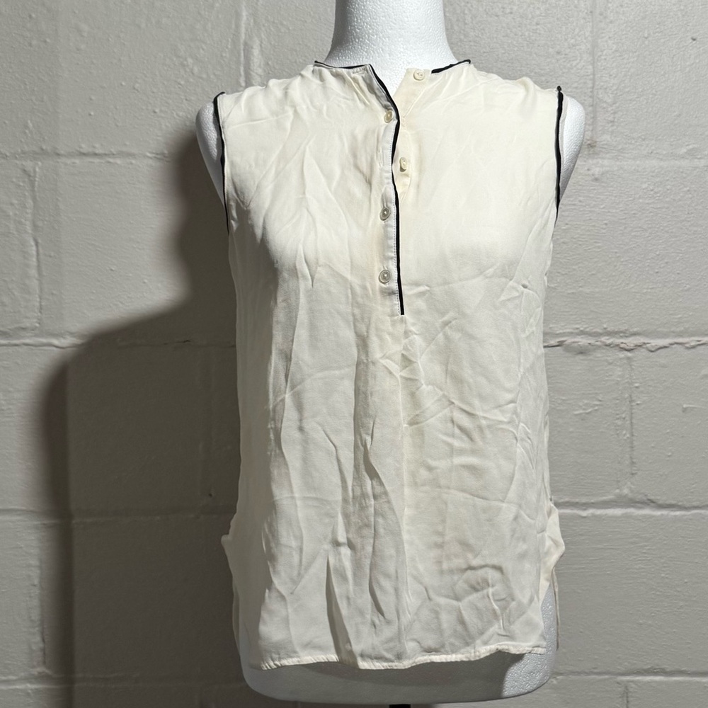Vince Ivory Sleeveless Blouse with Black Piping 100% Silk